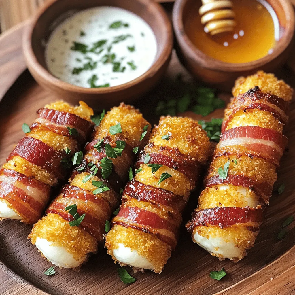 What are the essential ingredients? To make Nashville hot bacon-wrapped mozzarella sticks, you will need: - 12 mozzarella sticks - 12 slices of thick-cut bacon - 1 cup of all-purpose flour - 2 large eggs, beaten - 1 cup of panko breadcrumbs - 1 tablespoon of garlic powder - 1 tablespoon of smoked paprika - 1 teaspoon of cayenne pepper - 1 teaspoon of salt - 1 teaspoon of black pepper - ½ cup of hot frying oil - ¼ cup of Nashville hot chicken spice mix - 2 tablespoons of honey (optional)