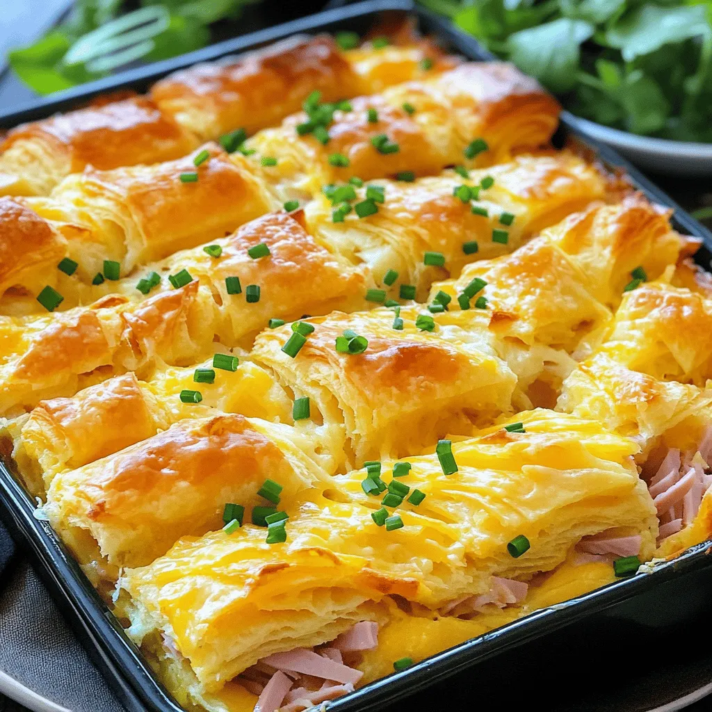 - 6 large buttery croissants, torn into pieces - 1 cup cooked ham, diced - 1 cup shredded Swiss cheese - 1 cup shredded cheddar cheese - 6 large eggs - 1 cup whole milk - 1 teaspoon Dijon mustard - 1/2 teaspoon garlic powder - Salt and pepper to taste - 2 tablespoons fresh chives, chopped (for garnish)