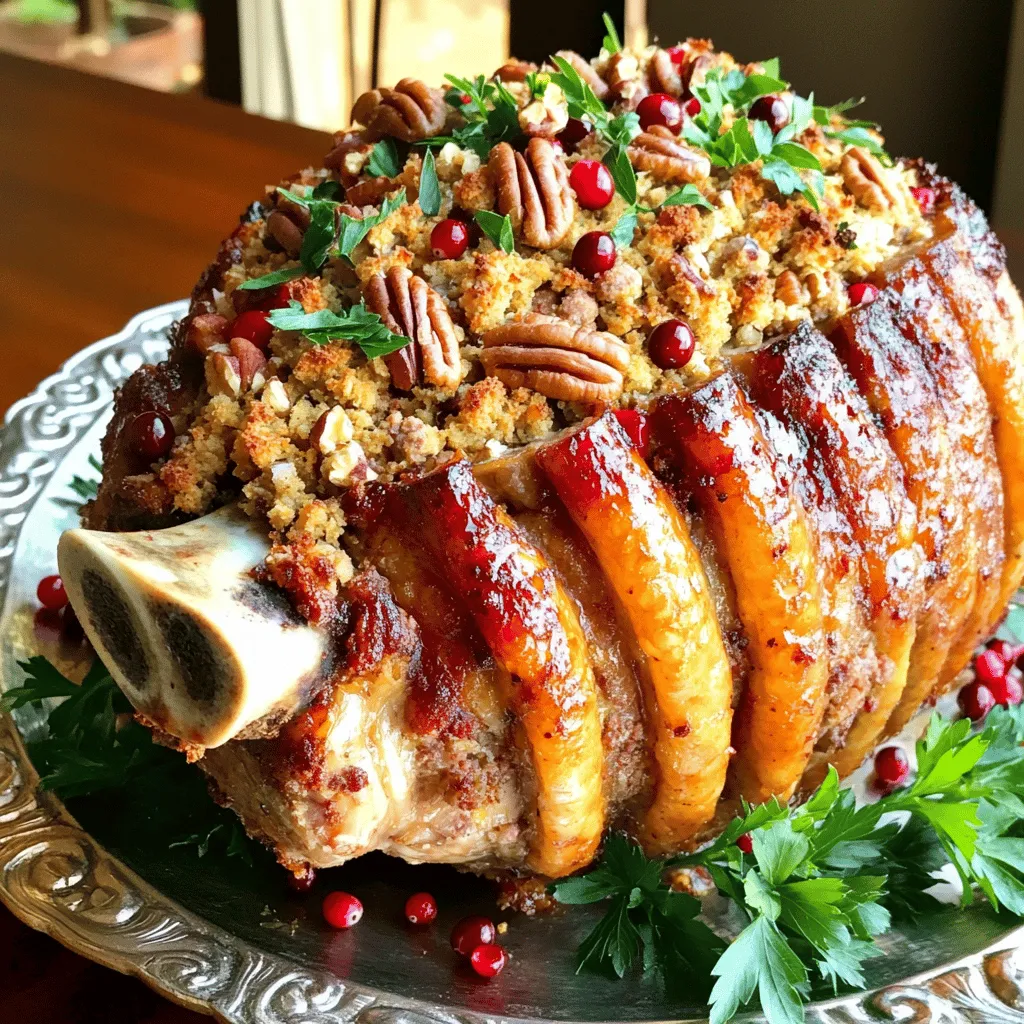 - 1 pork crown roast (about 4-6 lbs) - 2 cups bread crumbs (preferably sourdough) - 1 cup cooked and crumbled sausage - 1 medium onion, finely chopped - 2 cloves garlic, minced - 1/2 cup dried cranberries, chopped - 1/2 cup pecans, toasted and chopped - 1/4 cup fresh parsley, chopped - 2 teaspoons dried thyme - 1 teaspoon salt - 1/2 teaspoon black pepper - 1/4 cup chicken broth - 1 tablespoon olive oil - Kitchen twine (for tying the crown roast)