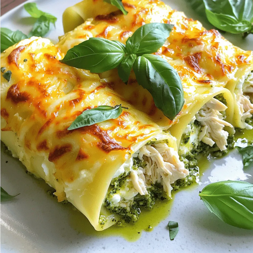 - 9 lasagna noodles - 2 cups cooked chicken, shredded - 1 cup ricotta cheese - 1 cup mozzarella cheese, shredded - 1 cup fresh basil pesto - 1 cup heavy cream - 1/2 cup grated Parmesan cheese - 2 cloves garlic, minced - Salt and pepper to taste - Olive oil for drizzling - Fresh basil leaves for garnish