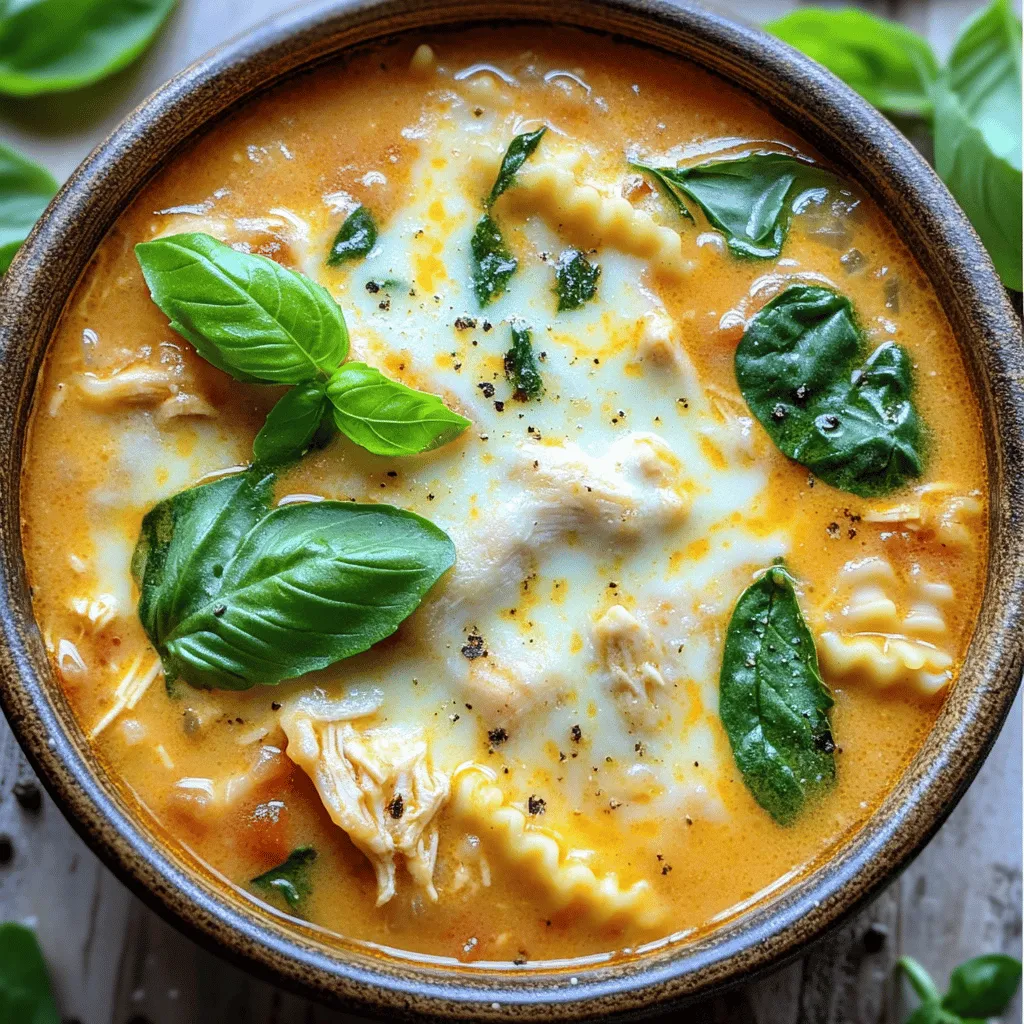 To make a great chicken lasagna soup, you need some key ingredients. First, ground chicken is the main protein. It adds flavor and a nice texture. You also need olive oil to cook the chicken and onion. Diced onion brings sweetness and depth. Garlic is a must for that rich flavor.