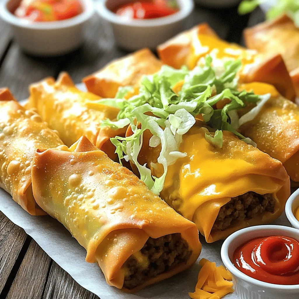 - 1 pound ground beef - 1 small onion, finely chopped - 2 cloves garlic, minced - 1 cup cheddar cheese, shredded - 1 tablespoon Worcestershire sauce - 1 teaspoon paprika - Salt and pepper to taste - 12 egg roll wrappers - 1 cup lettuce, shredded - 1 tomato, diced - Oil for frying - Optional: Ketchup and mustard for dipping