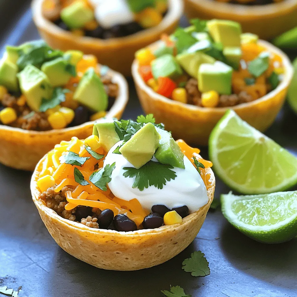 To make easy taco cups, you need a few key items. Start with mini tortilla cups. You can buy them or make your own from flour tortillas. Next, you need one pound of ground turkey or beef. This adds protein and flavor. Taco seasoning is a must. It gives your meat that classic taco taste. You will also need black beans, corn, and diced bell peppers for added texture and nutrition. Don’t forget the toppings, like shredded cheddar cheese, sour cream, diced avocado, and fresh cilantro. These add layers of flavor and a fresh touch.