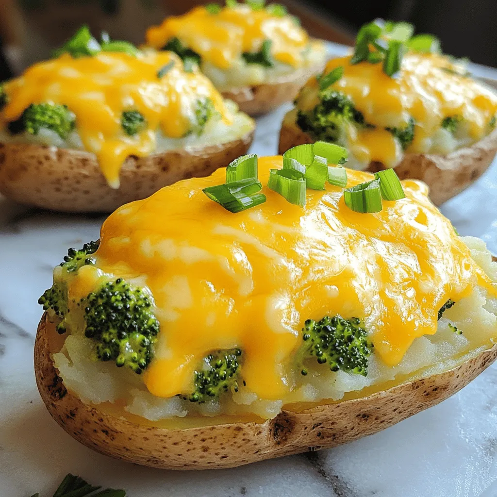 Broccoli and cheddar twice-baked potatoes are a tasty twist on a classic dish. You start with fluffy russet potatoes, scoop out the insides, and mix them with fresh broccoli and rich cheddar cheese. This mix goes back into the potato skins for a delicious meal.